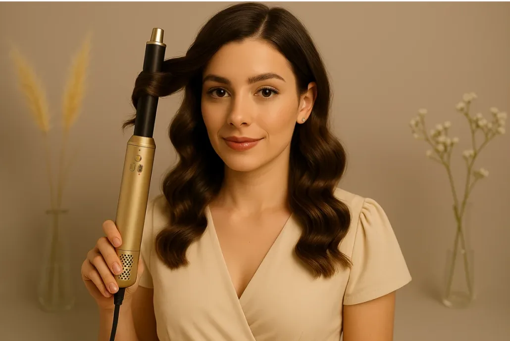 A person shaping a soft wave with the Shiny Curls curling barrel